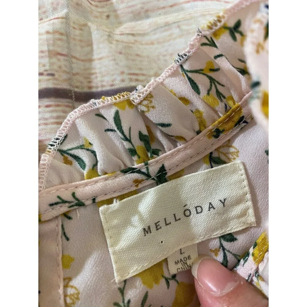 Melloday Women's Yellow Floral Teirred Midi Sleeveless Dress - Large - Picture 10 of 13